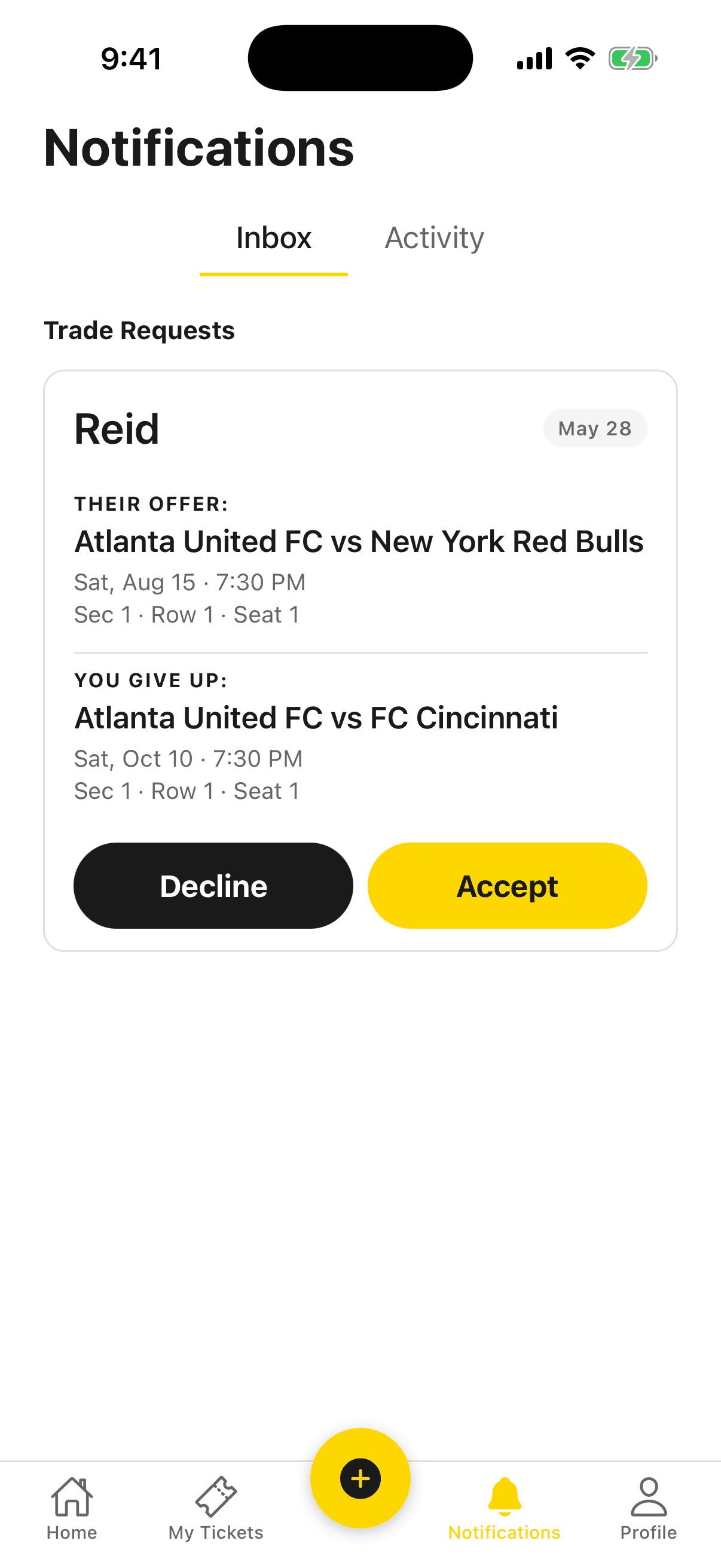 Ticketholdr trade request inbox showing a pending swap between two games with decline and accept actions