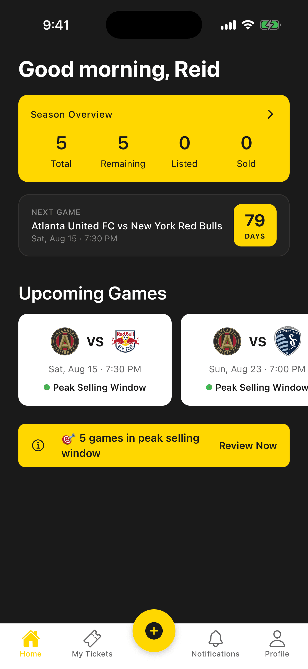 Ticketholdr app home screen showing season overview, next-game countdown, and upcoming games