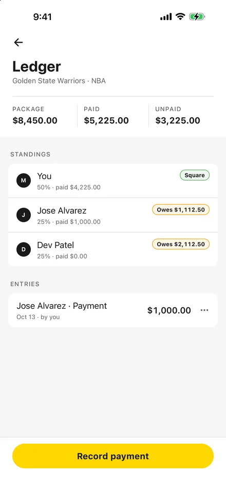 Ticketholdr ledger screen showing what each co-owner has paid and still owes