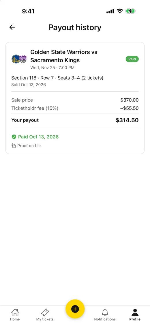 Ticketholdr payout history screen showing a $370.00 sale, a 15% fee of $55.50 and a $314.50 payout