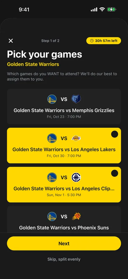 Ticketholdr pick your games screen showing two games selected from the home schedule