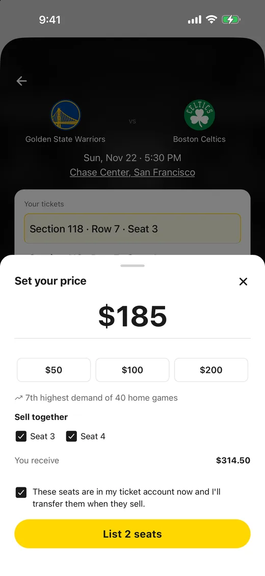 Ticketholdr set your price screen listing two seats together at $185 each, showing you receive $314.50