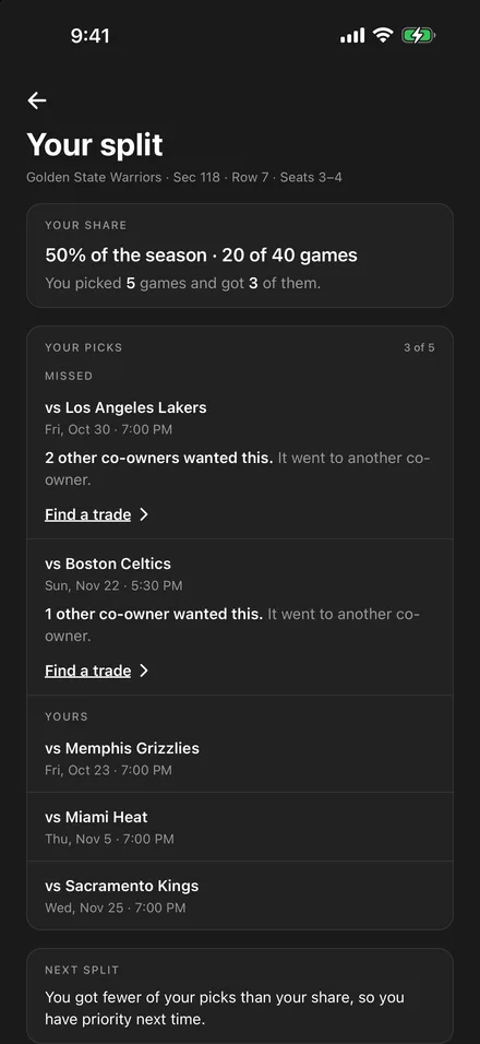 Ticketholdr split screen showing you picked 5 games and got 3