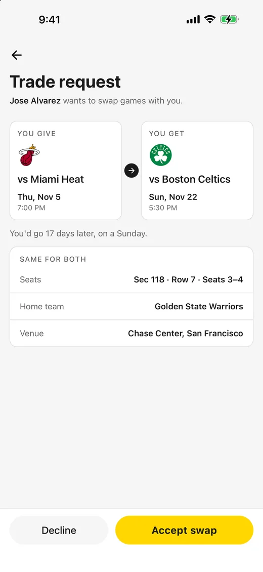 Ticketholdr trade request screen showing a co-owner offering to swap one game for another